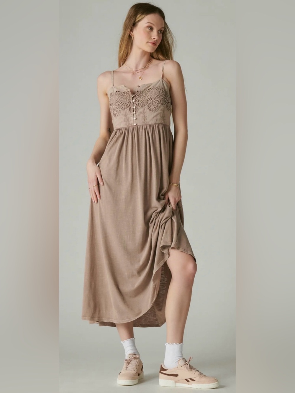 Lucky Brand Boho Lace Bodice Button Front Maxi Dress in Color Fawn- Size S